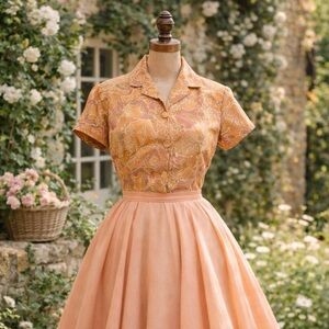 Vintage 1950s Silk Blend Floral Patterned, Short Sleeve Button Down Blouse